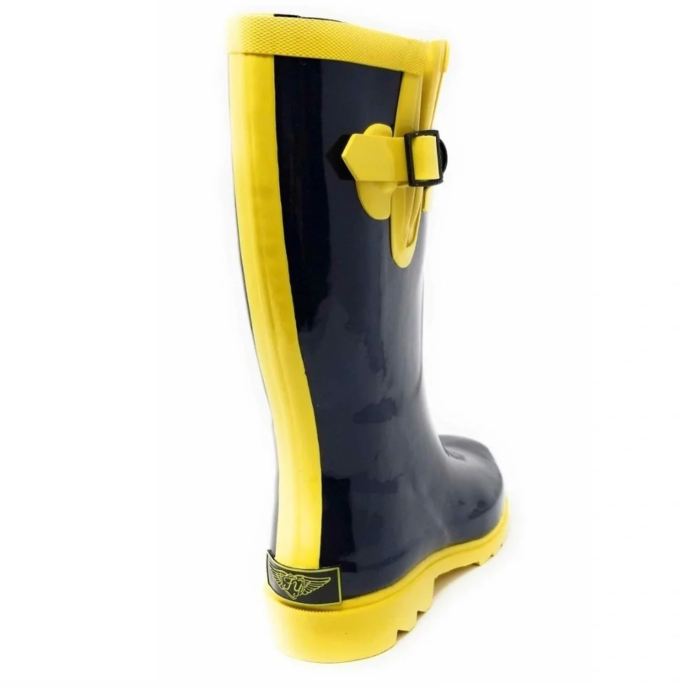 Women's Rainboots, MidCalf Rubber Rain Boots, #6046 Navy Yellow Size 11 - Picture 3 of 3